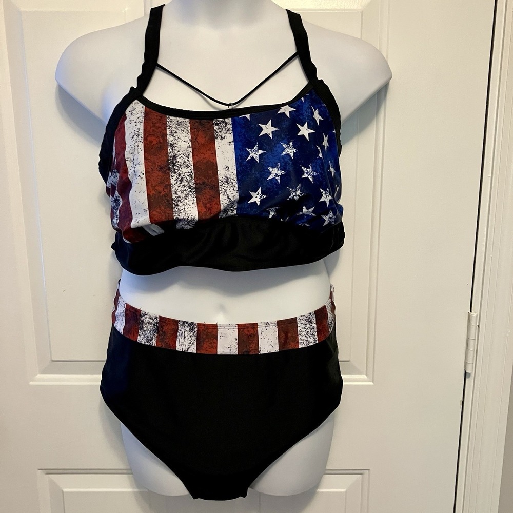 Womens Sz 3X 2 Piece Bikini Red White Blue American Flag Patriotic Stars Stripes
